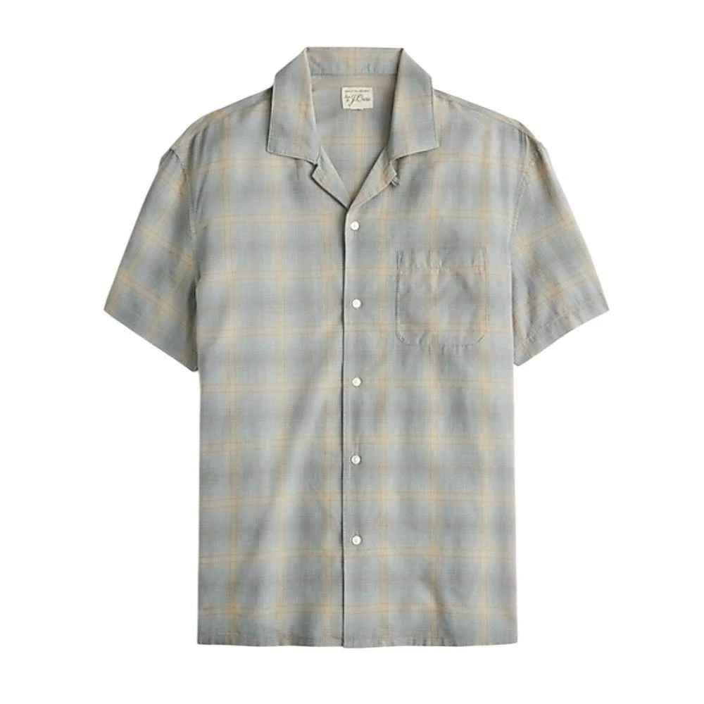 J.Crew NWT Mens Cotton Gauze Camp Collar Shirt Paul Dusty Blue Oat Plaid CC926 L
